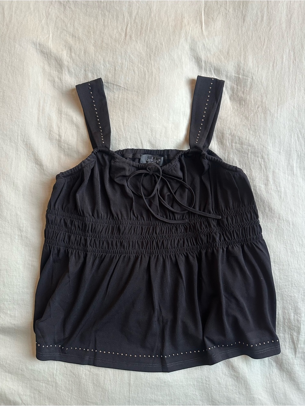 Belldini Black Sleeveless Smocked Tank Top with Stud Accents